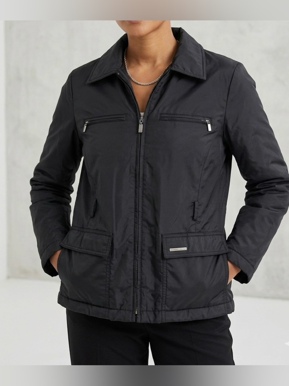 VTG Express World Brand Y2K Black Tech Jacket Womens Small Full Zip Fleece Lined